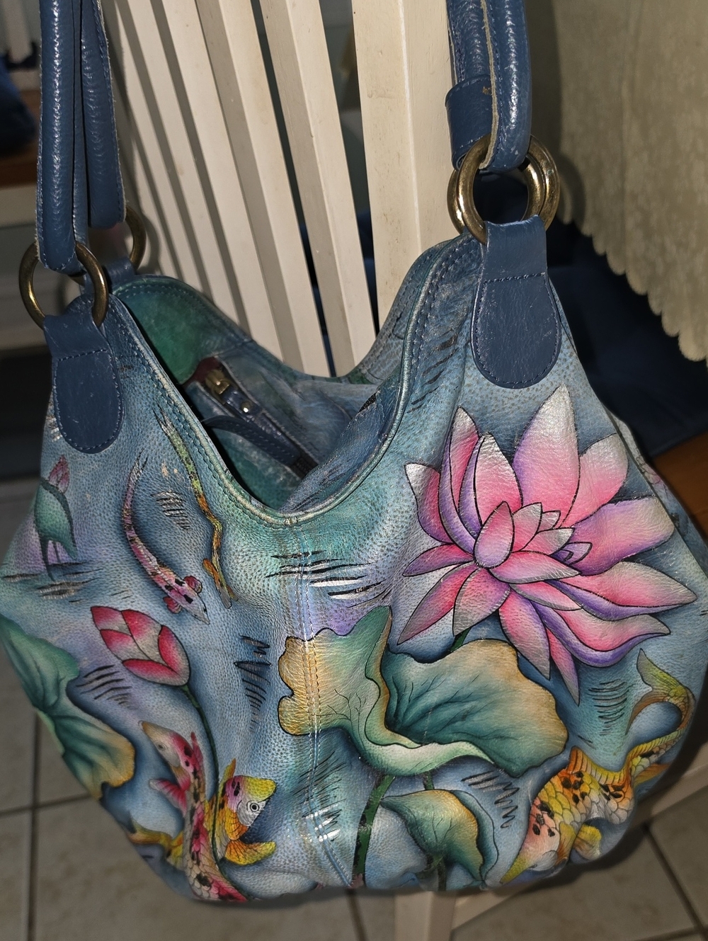Hand-Painted Blue Floral Lotus Shoulder Bag.KOI FISH